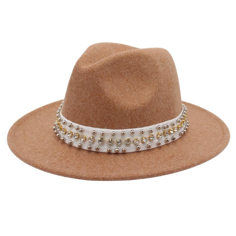 Fedora Wool Jazz Hat Elastic Band Diamond Accessories Large Brim Felt Hat Elegant Top Hat