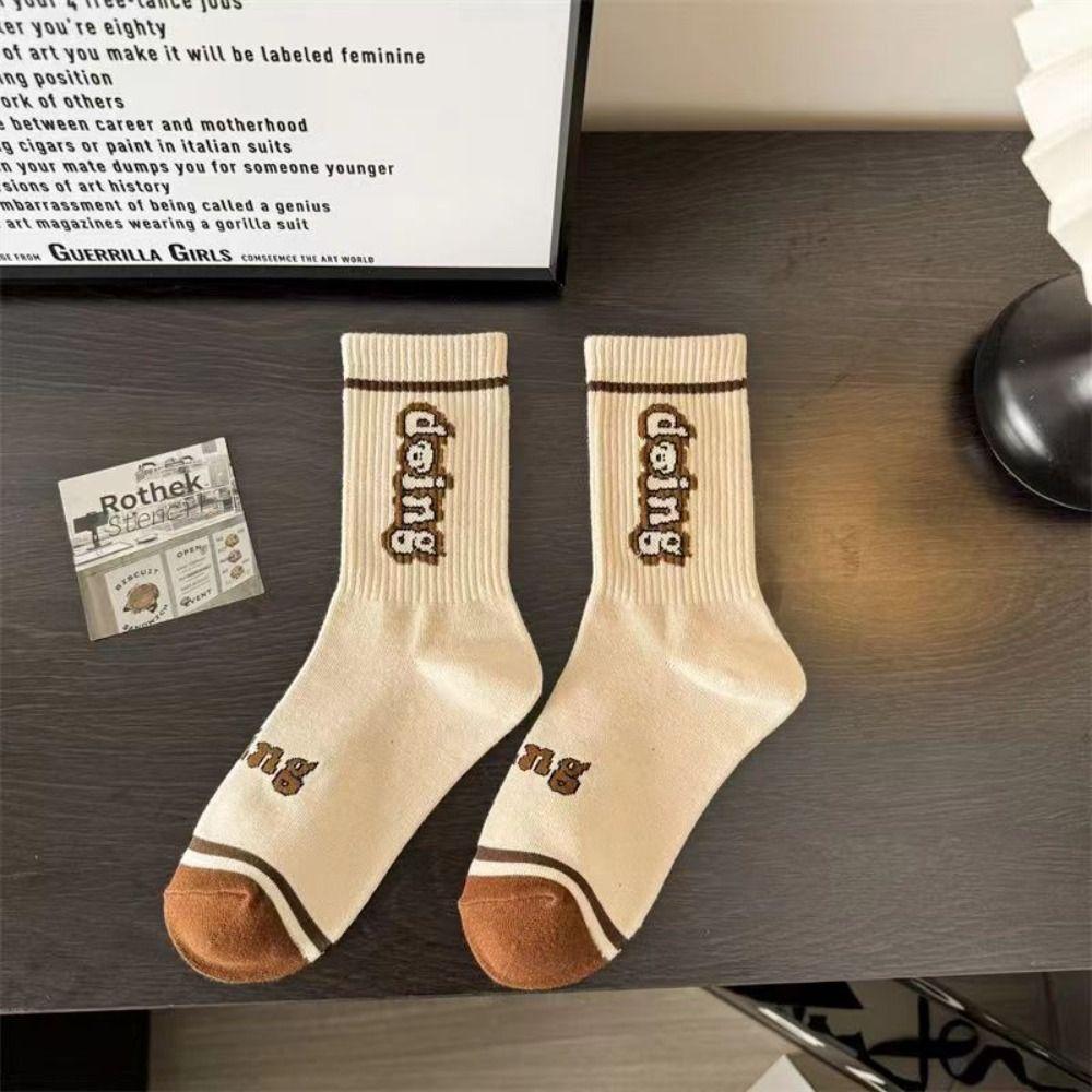 4Pairs Mid Tube Letter Printed Socks Kawaii Socks Women Casual Retro Lattice Socks  Girl
