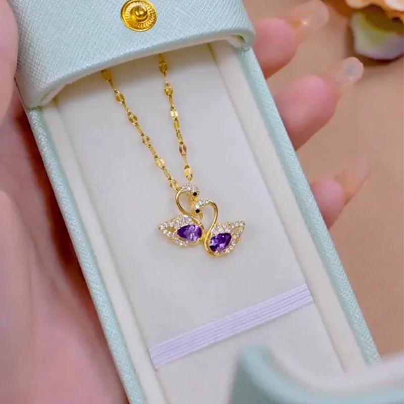 Luxury Brand Purple Crystal Swan Pendant Necklace for Women Charm Fashion Stainless Steel Bride Collar Jewelry Gift Colorfast