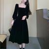 Hepburn Style Petite Black A-Line Dress with Puff Sleeves and Square Neck for Spring/Autumn