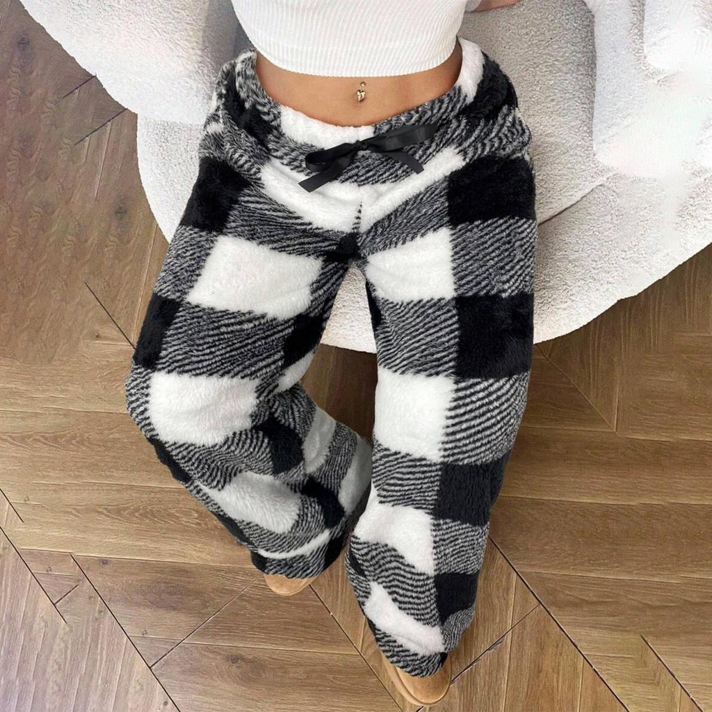 Women's Loose Elastic Drawstring Plush Checked Long Pants