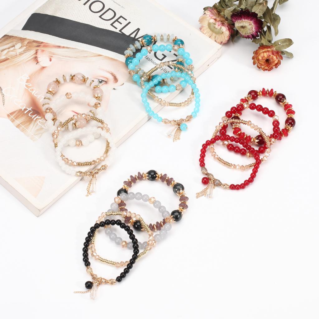 4Pcs/set Bohemian Stackable Bead Bracelets For Women Multilayered Bracelet Pendant Charm Stretch Bangles