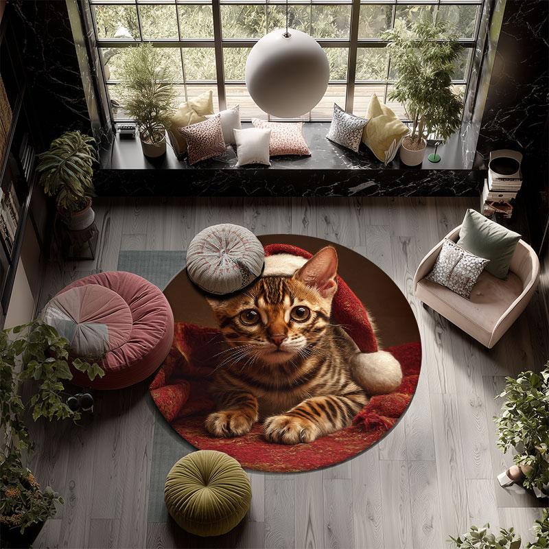 Christmas Cat pattern round rug,Carpet Rug for Living Room Bedroom Playroom ,Non-slip Floor Mat,Holiday Gifts and Birthday Gifts.