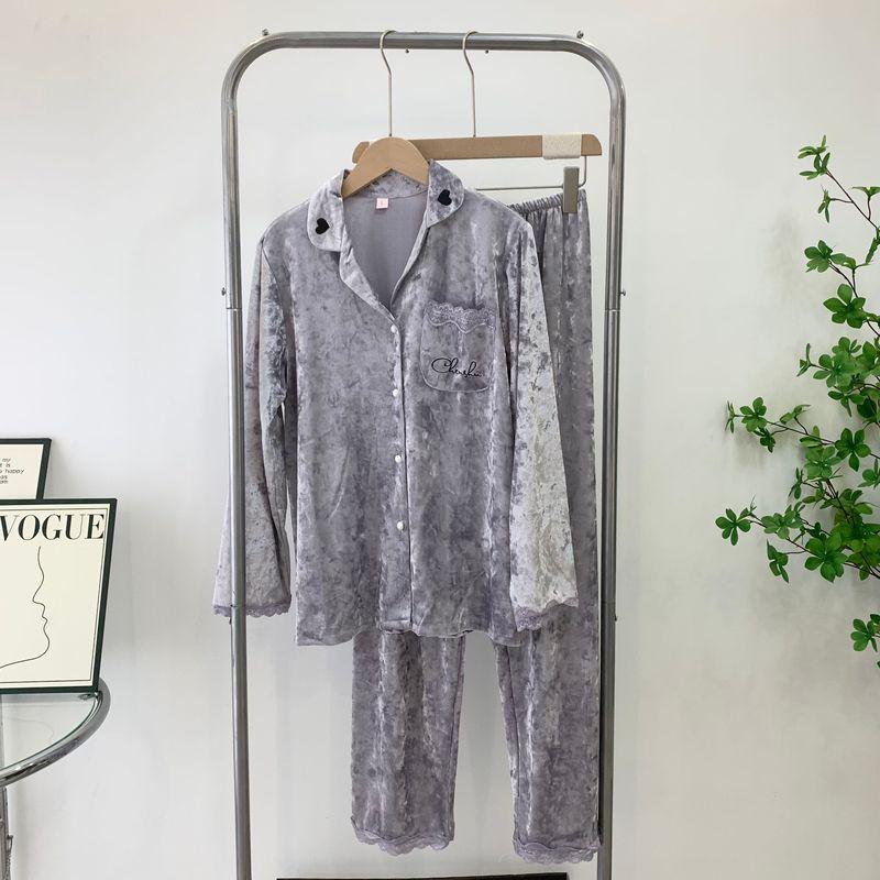

Gold Velvet Pajamas Ladies Two-Piece Set Fall and Winter New Warm Sexy Long Sleeves Net Red Wind Home Wear Lapel Suit Gray purple L