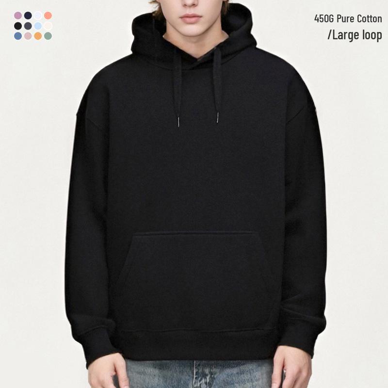 Men's Casual Thick Terry Cloth Hoodie: Heavyweight Pure Cotton Sweatshirt - Loose Fit, Solid Color, American Style for Autumn/Winter.