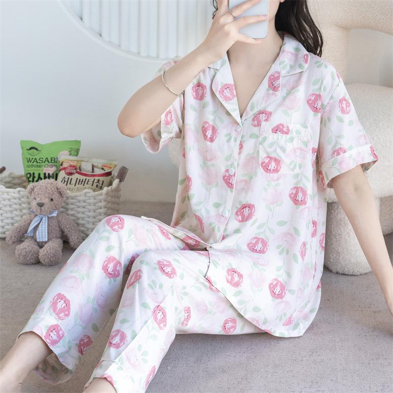 Cotton and silk pajamas women's spring and summer short-sleeved large-size suit spring and autumn thin cartoon printed loungewear