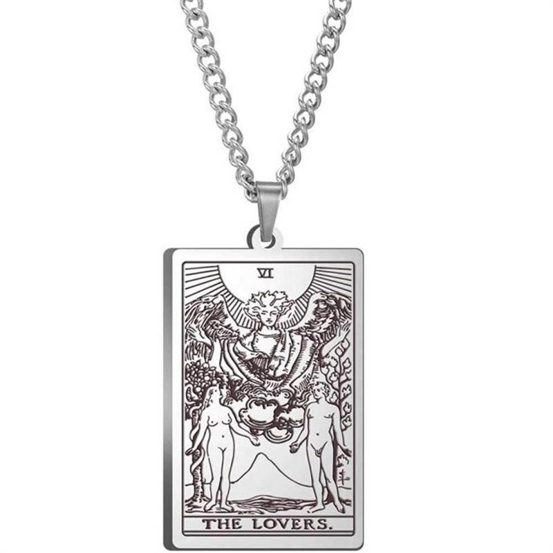 Tarot Stainless Steel Necklace Men'S Hip Hop Personality Retro Square Pendant Sweater Necklace