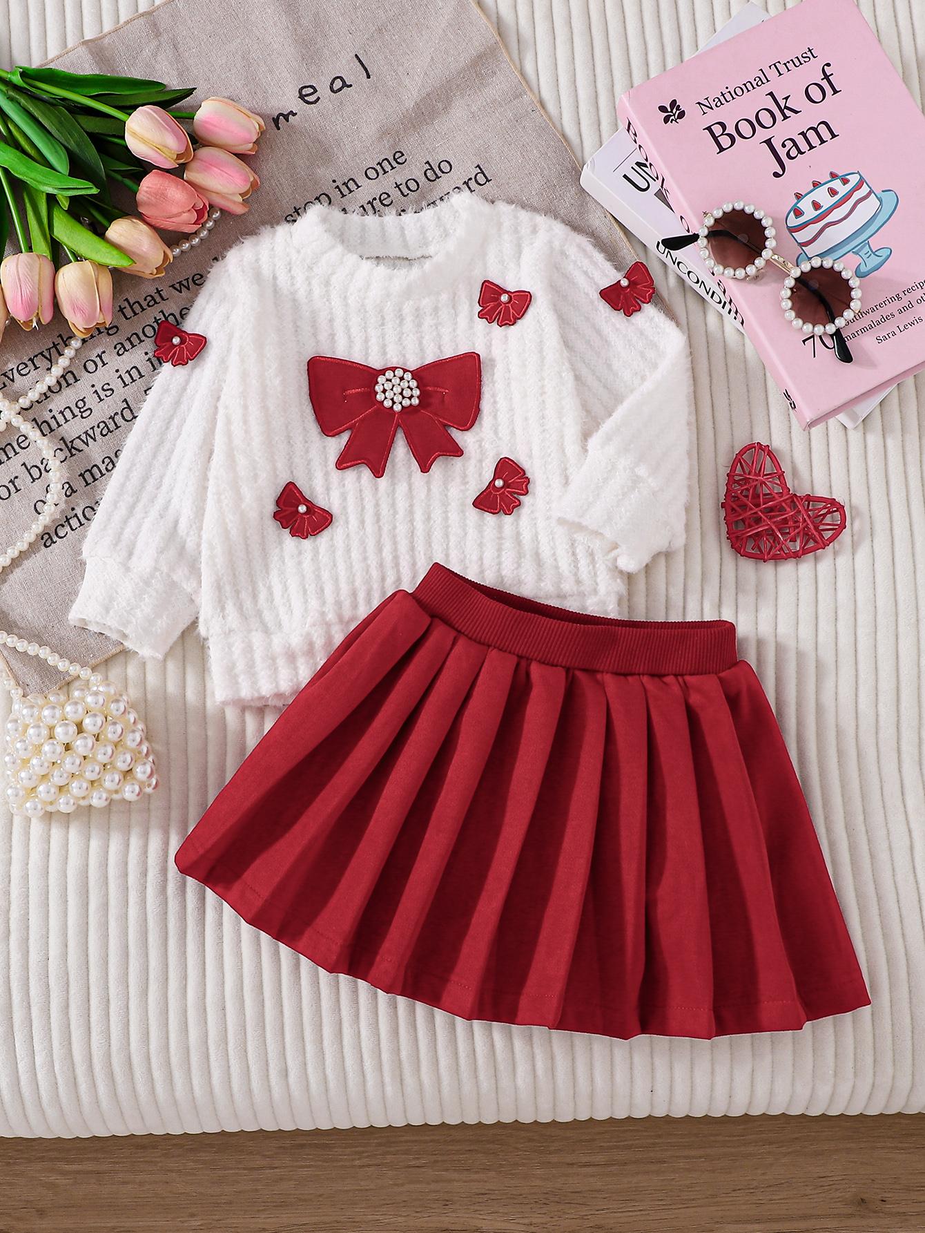 Girls Sweet Bowknot Sweater and Pleated Skirt Set - New Winter Style Baby New Year Red Set 80 ализарин красный