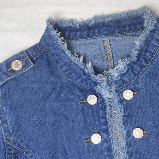 Geacă de blugi de damă cu mâneci lungi, tiv franjurat, geacă de denim elastică, croială slim-fit, cu nasturi, jachetă de blugi scurtă