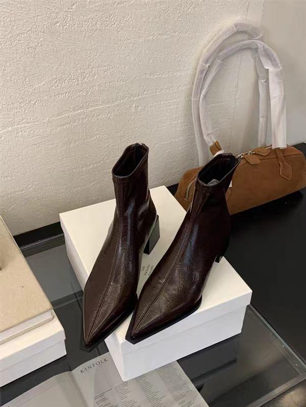 Fashion Pointed Toe Modern Ladies Short Boots Shoes Female Square Heels Women Ankle Stretch Boots Zippers Shoes Pumps 35-42