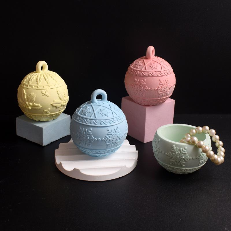 Christmas Round Ball Jar Silicone Mold With Lids Diy Handmade Concrete Relief Snows Berry Scented Candle Vessel Molds Xmas Decor