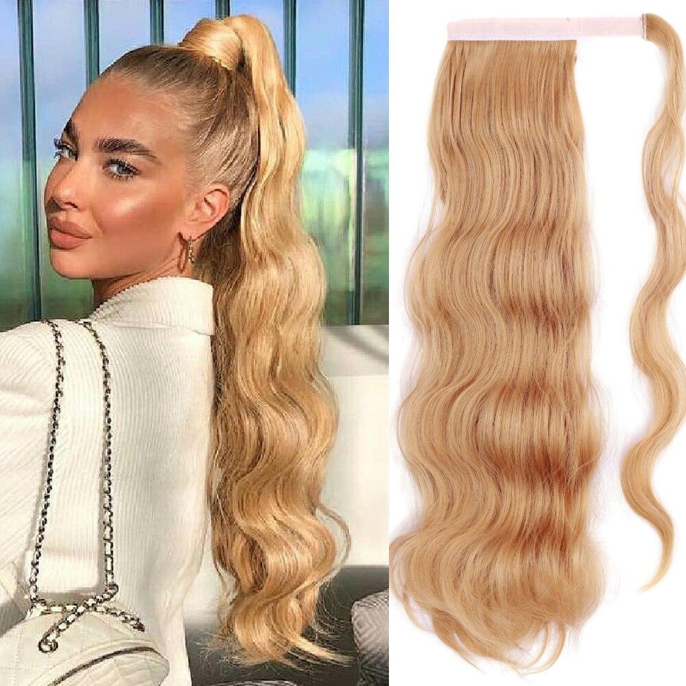 XINRAN Langer, gewellter Pferdeschwanz zum Umwickeln, synthetischer Pferdeschwanz, Clip-in-Haarteil, schwarz-blond, burgunderfarbener Wellen-Pferdeschwanz für Frauen