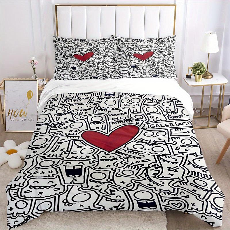 3pcs Monster Heart Print Bedding Set, Breathable and Soft, Suitable for All Seasons, Ideal for Home Use, Suitable for Bedroom Decor yy250821206