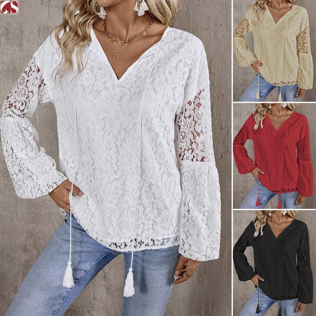Fall Women's Hollow Out Lace Blouse, V Neck Loose Pullover Long Sleeve Elegant Casual Top for Women