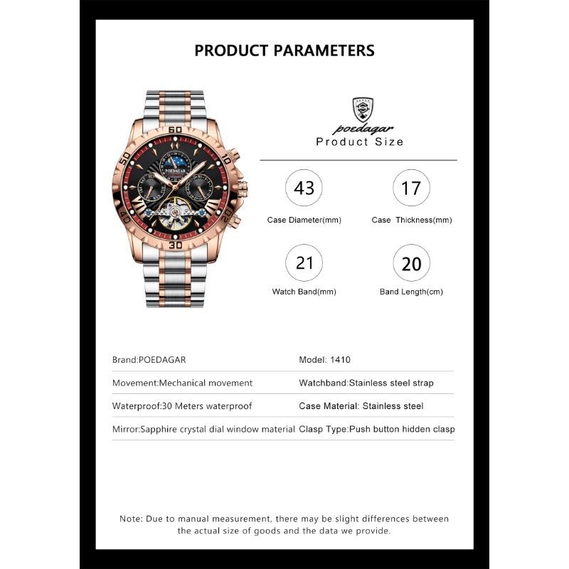 POEDAGAR Luxury Men Watch Luminous Waterproof Hollow Tourbillon Male Clock Week Date Business Automatic Mechanical Watches