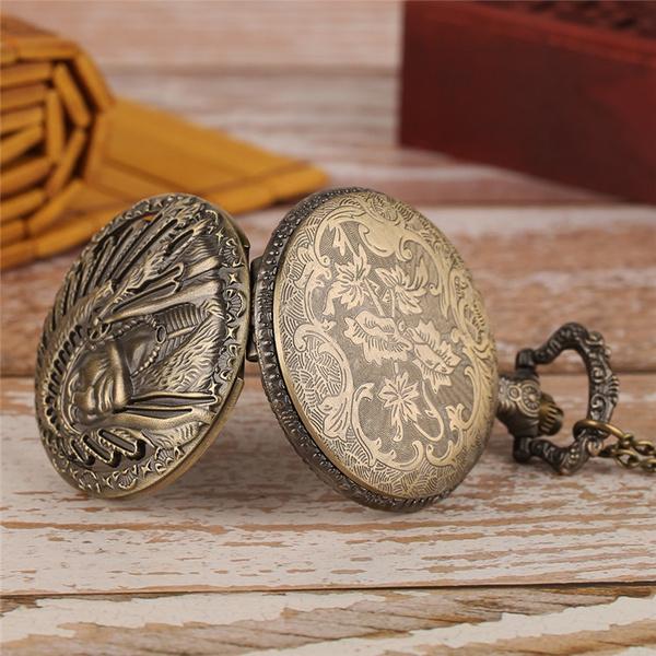 Vintage Ethnic India Elder Men Women Analog Quartz Pocket Watch Necklace Pendant Chain Gift