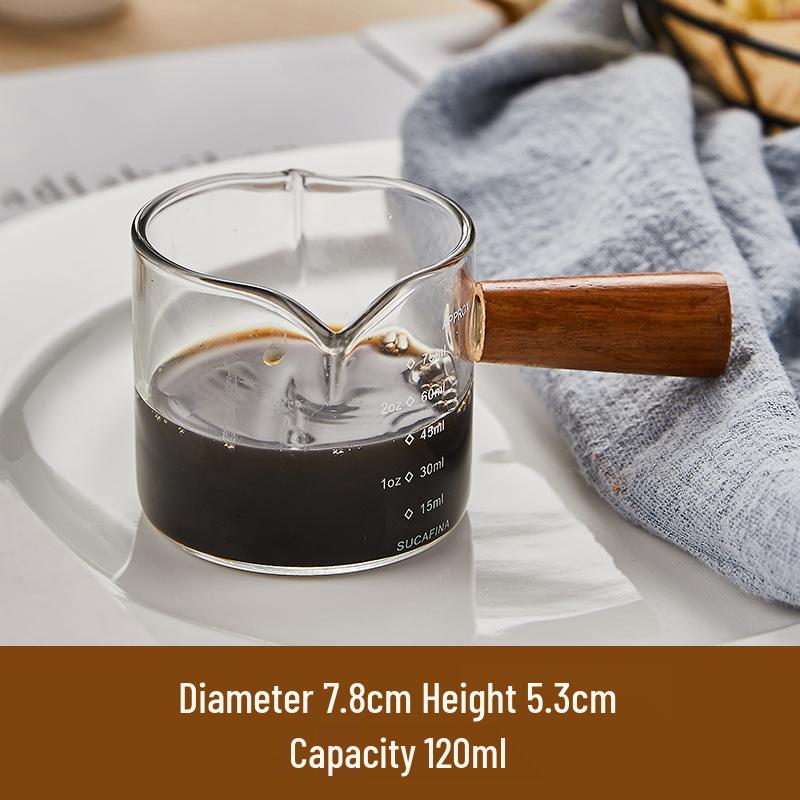 Glass Espresso Bean Measuring Cup with Double Spout, Wooden Handle, and Small Milk Jug