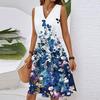 Women's Spring Summer Casual V Neck Sleeveless Waist Floral Print Midi Dress