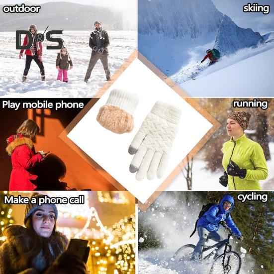 1 Pair Women Winter Gloves Double-layer Thickened Plush Jacquard Knitted Five Fingers Unisex Anti-slip Cold Weather Driving Golfing Skiing Skating