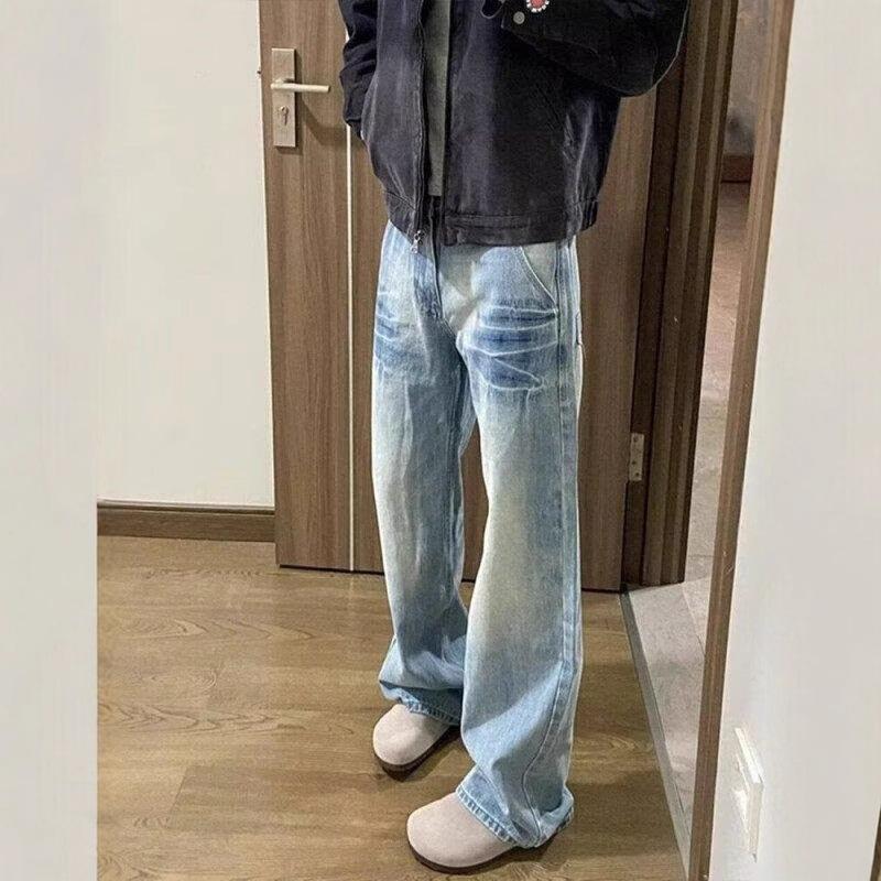Washed Blue Straight Jeans Men's Spring and Autumn American High Street Vibe Pants Cleanfit Scimitar Slightly Pulled Trousers