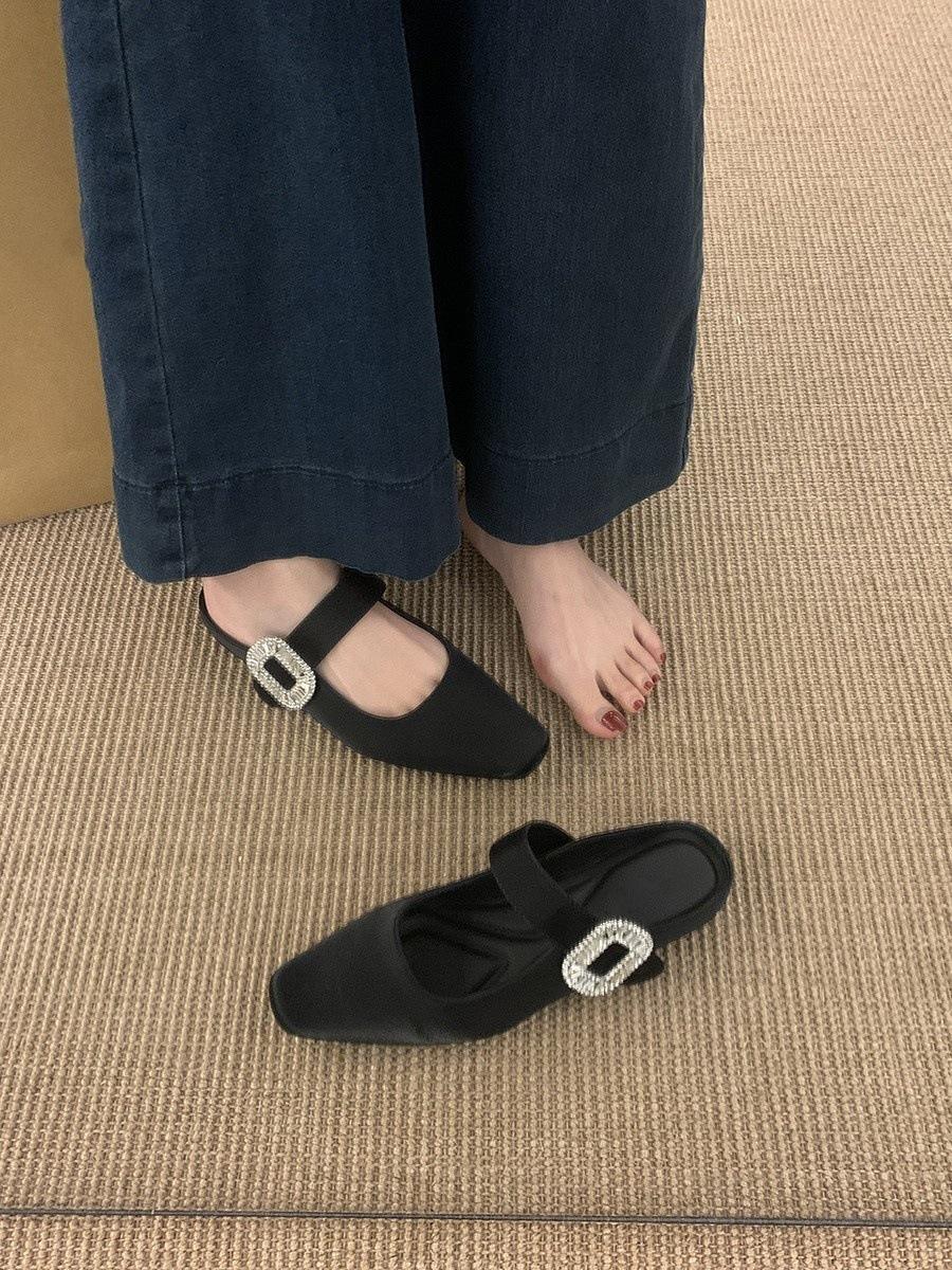 

Французские полутапочки с плоским дном и серебряными стразами, женская обувь, новинка 2025 года, туфли Мэри Джейн для весны и лета 40 чёрный