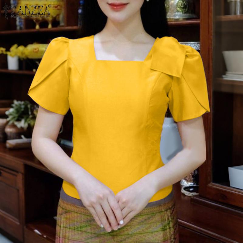 ZANZEA Women Casual Square Collar Summer Short Sleeve Blouse