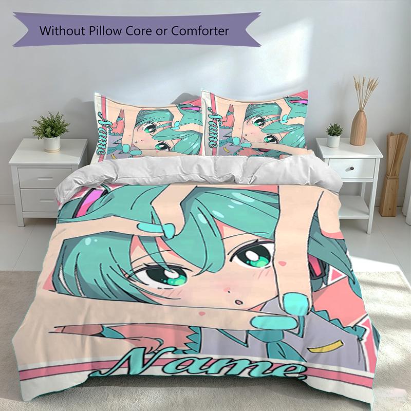 3pcs Custom Name Hatsune Miku Set,Includes 1 Duvet Cover and 2 Pillowcases,All-season Bedroom Decor