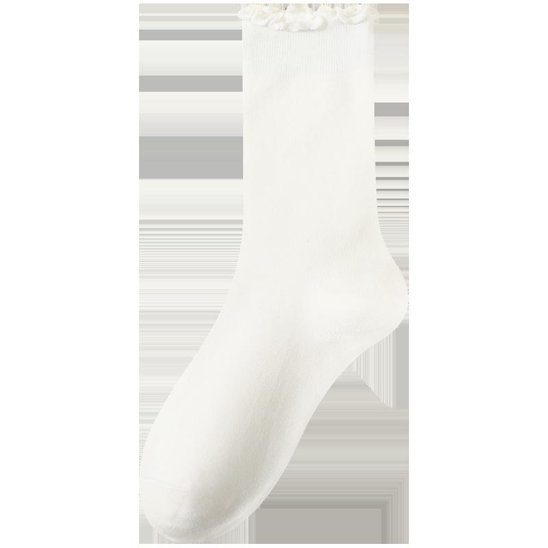 Women's Medium-Length Coffee-Colored Socks: Simple, Pure Color with Wood Ear Lace, Loose Fit, Perfect for Spring, Autumn, and Winter.