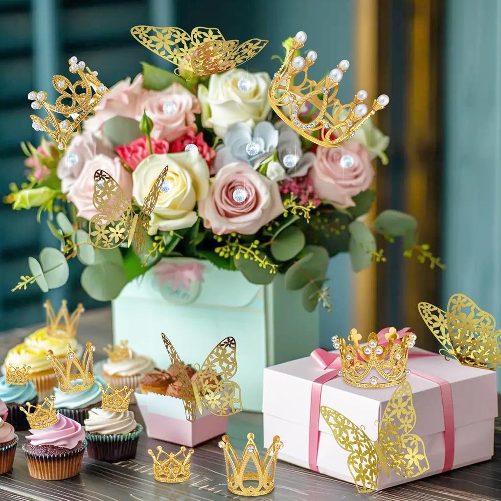 51 PCS Gold Crowns for Flower Bouquets Flower Bouquet Accessories Including 15 PCS Bouquet Crown 36 PCS Butterfly Decorations and 50 Pcs Flower Pins