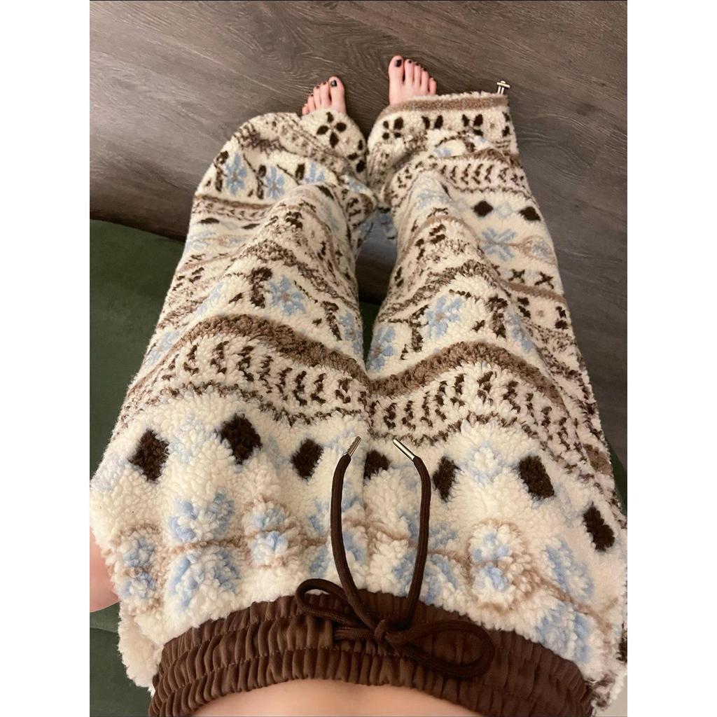 Pantaloni da notte invernali da donna a gamba larga a vita alta in lana d'agnello stile Fair Isle retrò