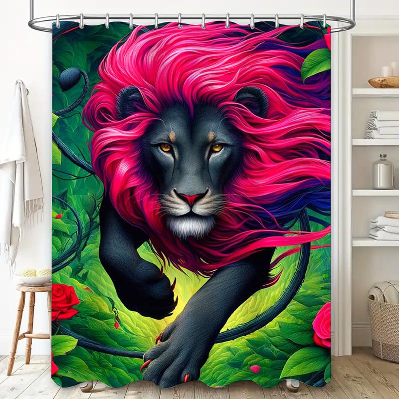 Enchanting Lion Shower Curtain Multicolor Fantasy Art Decorative Bath Mat Cover for Bathroom Accessories in Kitchen Dining