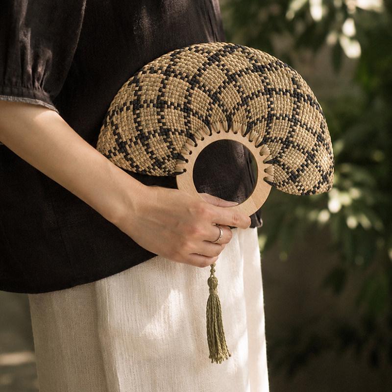 Tai Life Women's Handmade Wabi-sabi Cattail Fan: Artistic Summer Rattan Craft, Chinese Style Intangible Heritage Round Fan