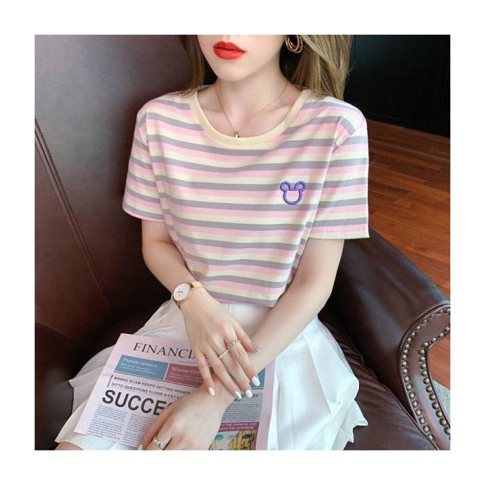 New Summer Round Neck Short-sleeved Women's T-shirt Embroidered Korean Loose and Versatile Age-reducing Striped Top