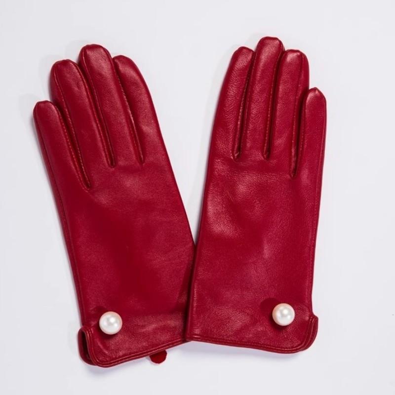 Elegant Women Pearls Sheepskin Genuine Leather Gloves Motorcycle Riding Gloves Female Accessories Mittens Autumn Winter Gloves