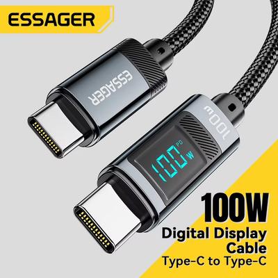 Essager כבל נתונים Type C ל-Type C 5A 100W, כבל טעינה מהירה עם תצוגה עבור iPhone16 15 Huawei Xiaomi Samsung Macbook Xiaomi Air