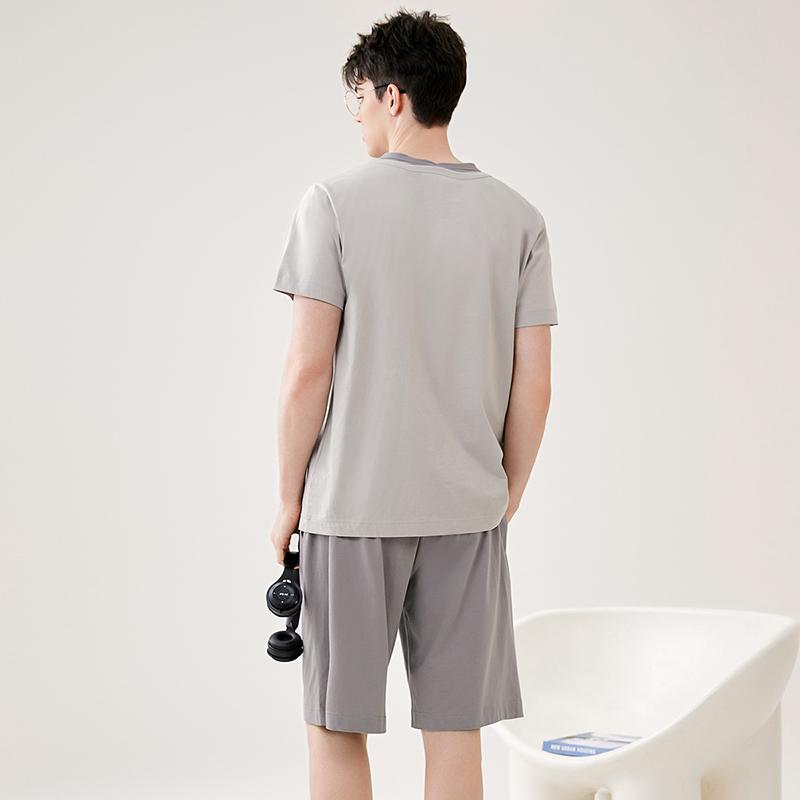 Fenteng [100% cotton] summer contrasting round neck new short sleeved thin home suit set men's pajamas