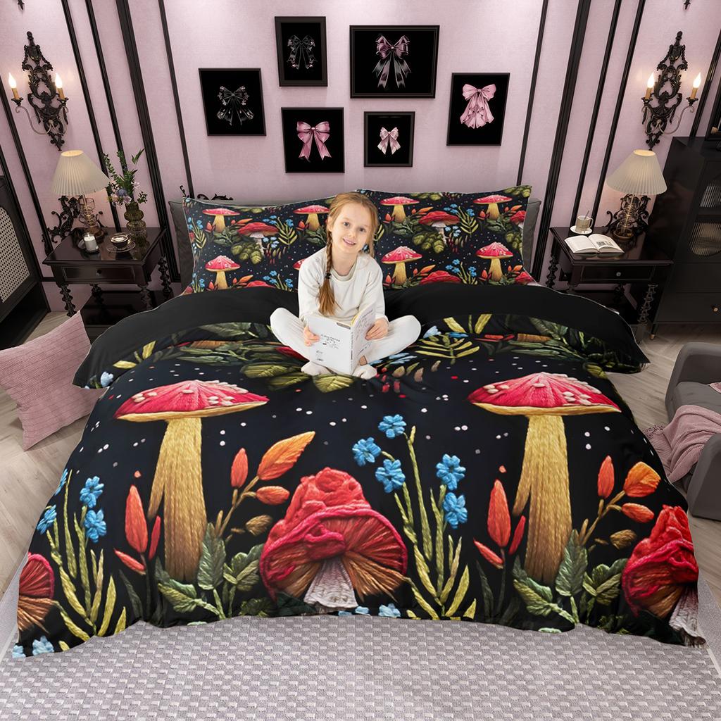 Homewish Hippie Mushroom Duvet Cover Set 2pcs/3pcs, Botanical Theme Bedding Set, Wild Plant Comforter Cover Set