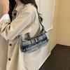 Y2K Washed Denim Shoulder Bag with Buckle Detail Zipper Closure Casual Underarm Purse for Daily Use