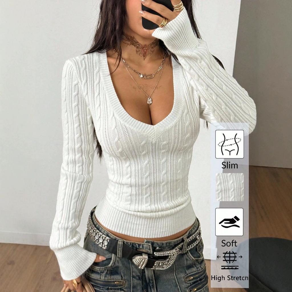 Women's Cable Knit Sweater, Long Sleeve Slim Fit Pullover with V Neck or Crew Neck Options