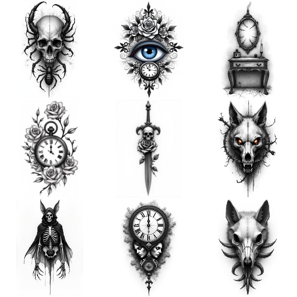 3pcs Temporary Tattoo Black And Grey Realism Skull With Tentacles Clock With Roses Mirror And Candle For Men Adults Thighs