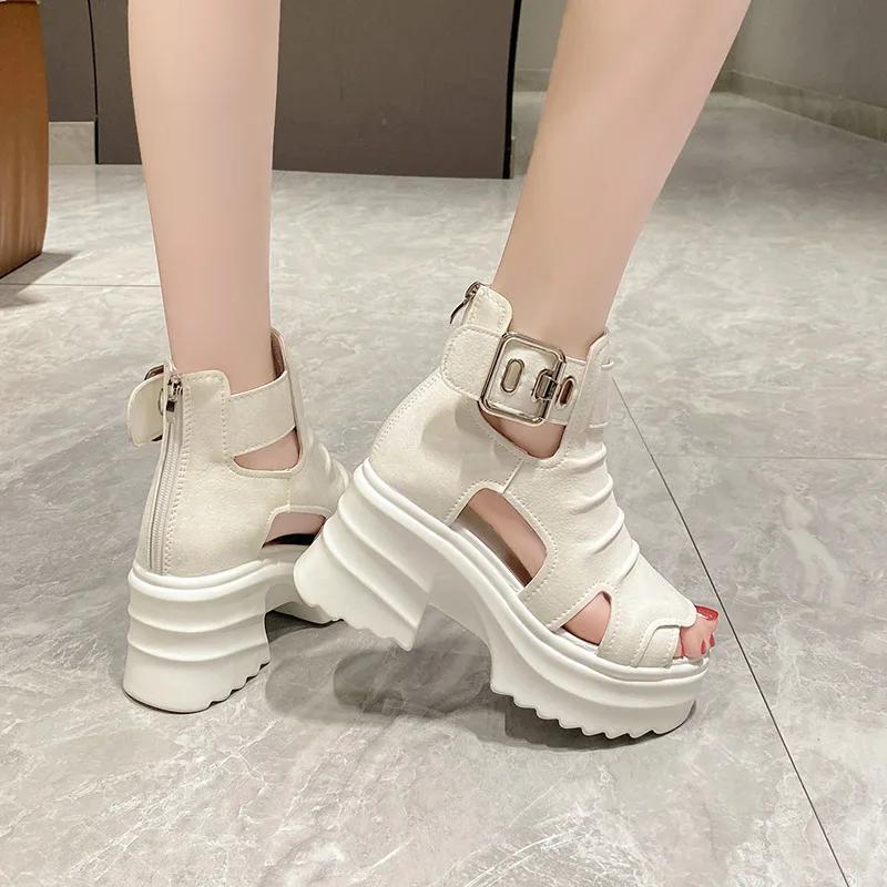 Platform Sandalias Female Hollow Fashion Sandals Boots Fish Mouth High Help Heel Summer Casual2024 Versatile Black Zapatos Mujer