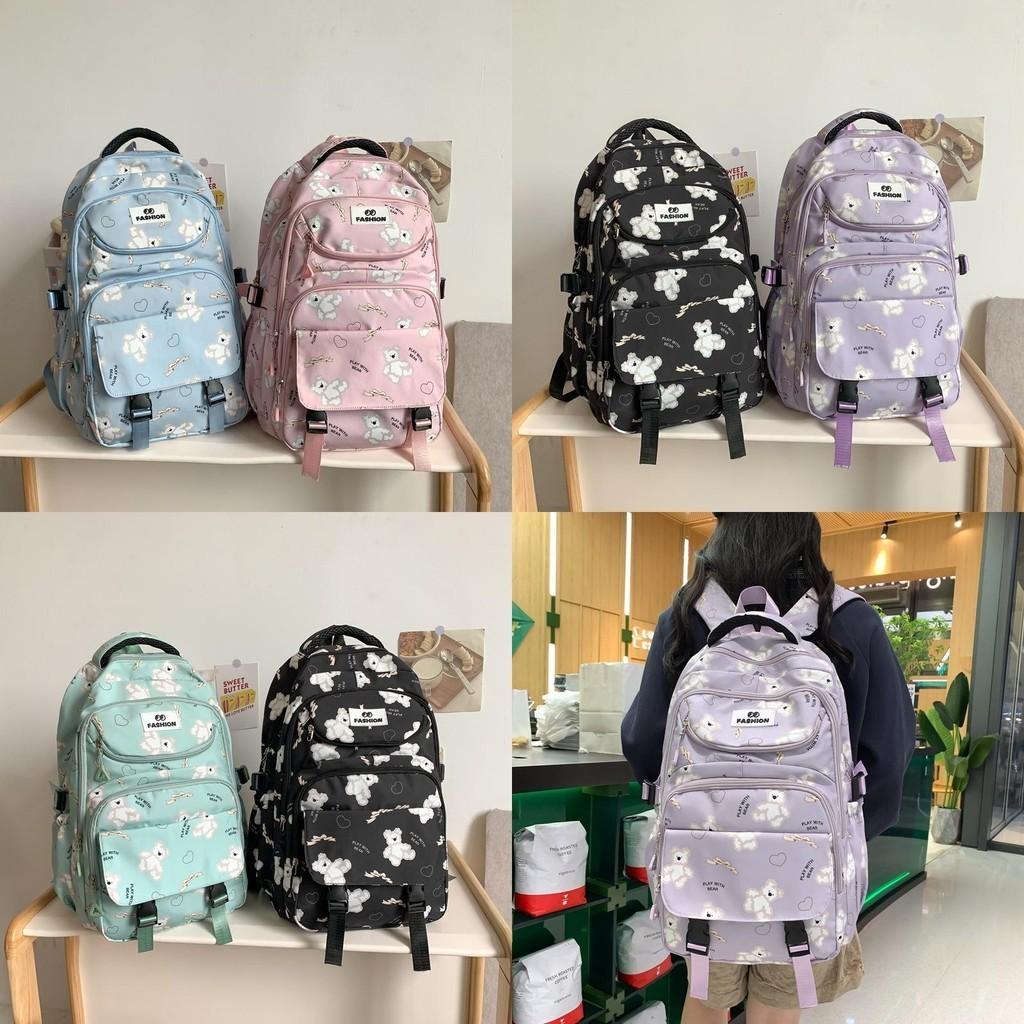 Trendy Black And Pink Casual Backpack For School Travel With Bear Print Design