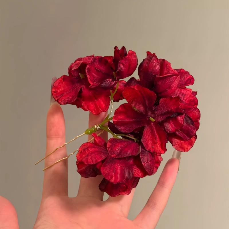 

Элегантная заколка для волос в виде цветка винного красного цвета - китайский стиль ханьфу, свадебный аксессуар