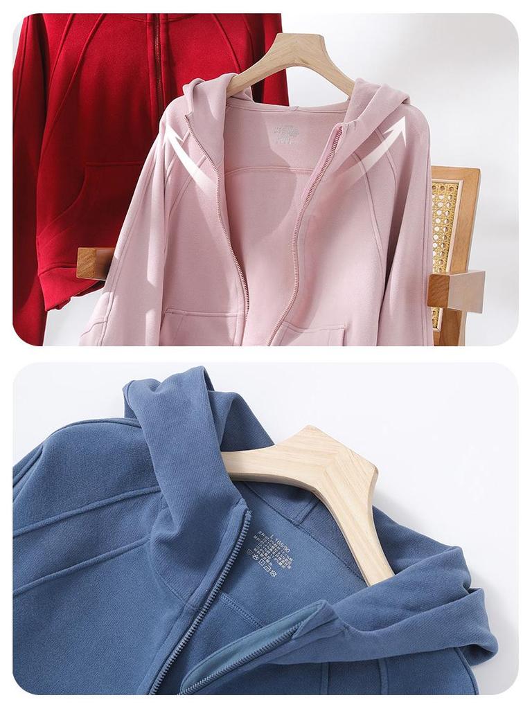 Damska bluza z kapturem zapinana na zamek, podszyta polarem - Ciepły kardigan sportowy z długim rękawem