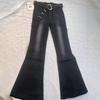 Retro Schwarze Schlagjeans mit hoher Taille und Gürtel - Damen Schlankmachende Bodenlange Hose