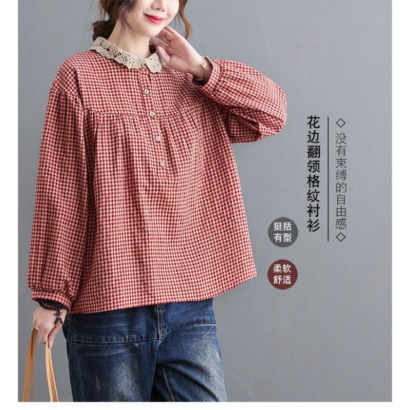 Plus Size Women Plaid Long Sleeve Turn Down Collar Casual Daily Blouse