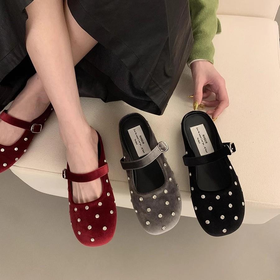 Retro Red Rhinestone Round Head Shallow Mouth Single Shoes Women's 2025 French Temperament Ballet Flat Mary Jane Shoes Half Drag