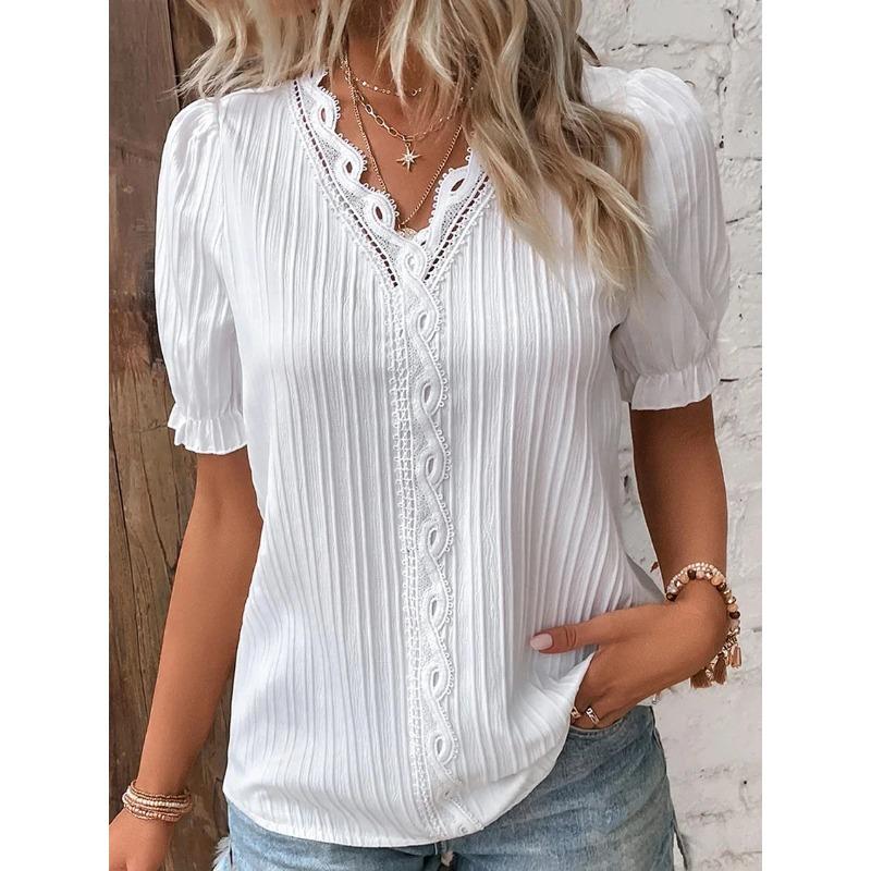 Damen Sommer Top Einfarbig Sexy V-Ausschnitt Aushöhlung Kurzarmhemd Mode Patchwork Übergröße Bluse Locker Streetwear