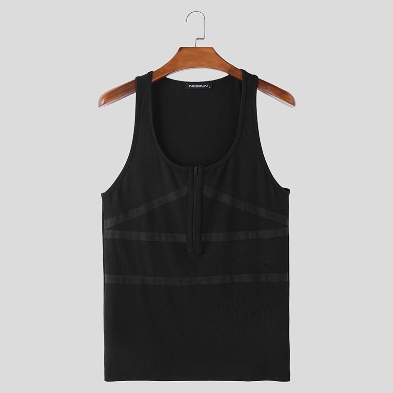 

INCERUN Летние мужские майки в рубчик без рукавов со шнуровкой на молнии и декоративной строчкой, повседневные приталенные 3XL чёрный