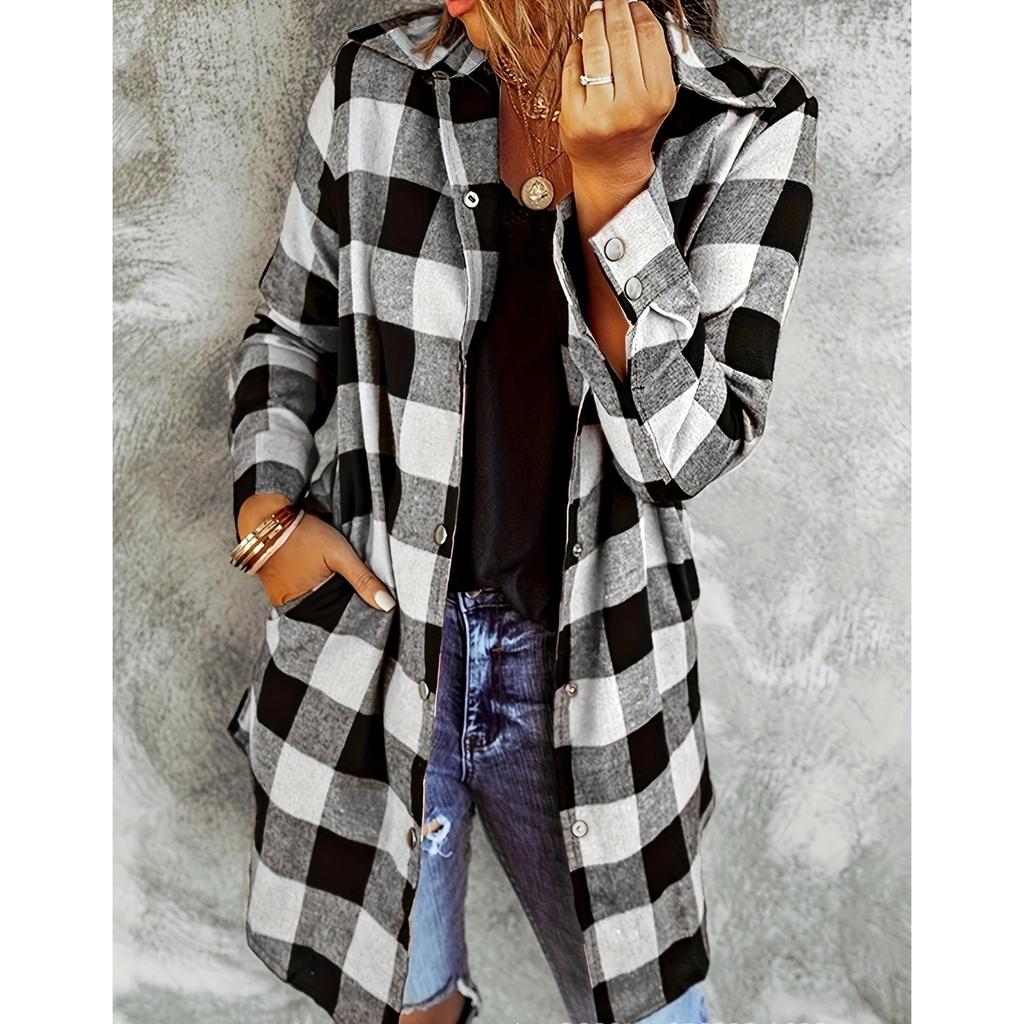 Fall Winter Vintage Plaid Long Sleeve Lapel Women's Loose Casual Shirt Jacket, Leisure Outerwear